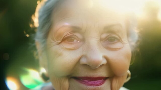 Zoomed in on the face of an elderly woman her soft features and gentle smile radiating a sense of kindness and understanding. Deep creases in her skin tell the story of a life