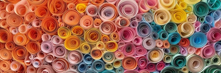 Colorful paper curls in abstract design, suitable for backgrounds, art projects, packaging, and crafts. Abstract spiral shapes in vibrant colors.