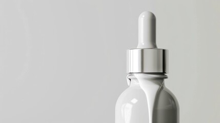 A bottle of serum for whitening skin with coconut oil dripped into the bottle. The bottle is positioned to one side, the dropper head is clearly visible highlighting the texture and features