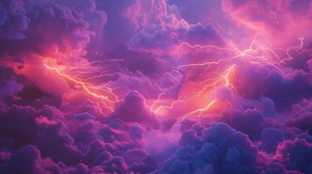 Vibrant lightning storm with saturated pink and orange hues, explosive cloudcore.
