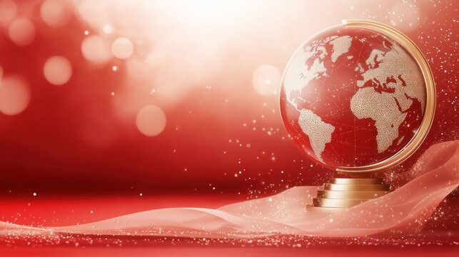Modern certificate background with a globe icon, suitable for international recognition or global impact awards, featuring a sophisticated red and white color scheme with icon gold trophy