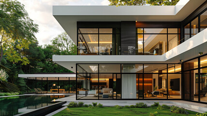 Obraz premium modern minimalist house with large glass windows and a clean architectural design,