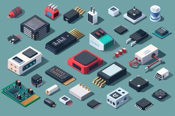 Isometric Electronic Components Set: A Modern Collection of Isometric Icons Depicting Various Electronic Parts for Tech Enthusiasts