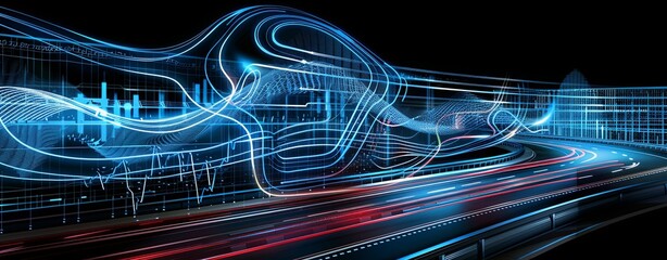 Close-up of 3D music waves with highway abstract and TV distortion effects, dynamic gradients, more clarity with clear light and sharp focus, high detailed