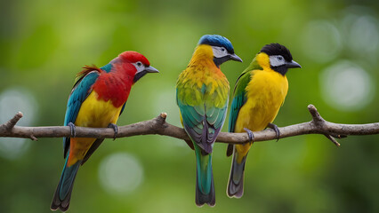 A group of colorful birds are perched on a branch
