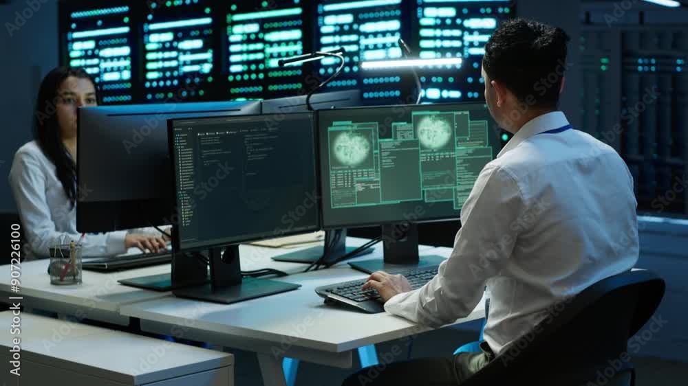 Poster team of technicians in server hub alerted by hacker passing firewall and stealing sensitive data. co