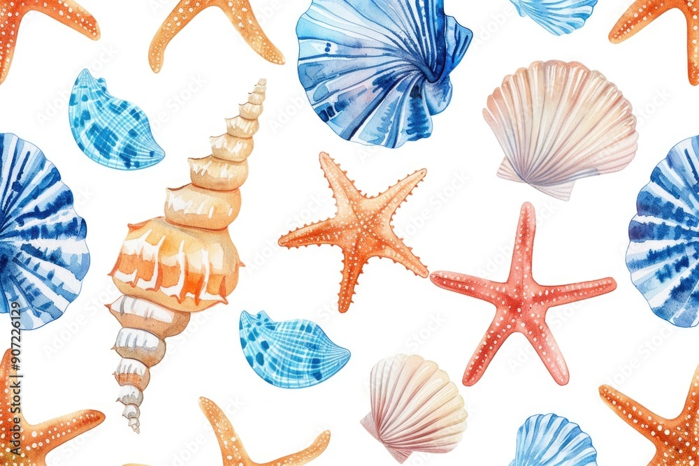 Aufkleber close-up of various shells and starfish arranged on a white surface