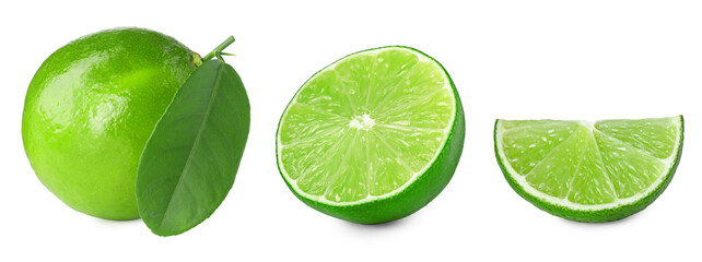 Fresh lime isolated on white, collage. Whole, half and slice
