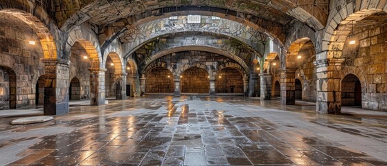 Ancient stone arches of a historic underground chamber with intricate architecture and ambient lighting.