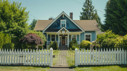 house with a white picket fence and a lush green lawn,