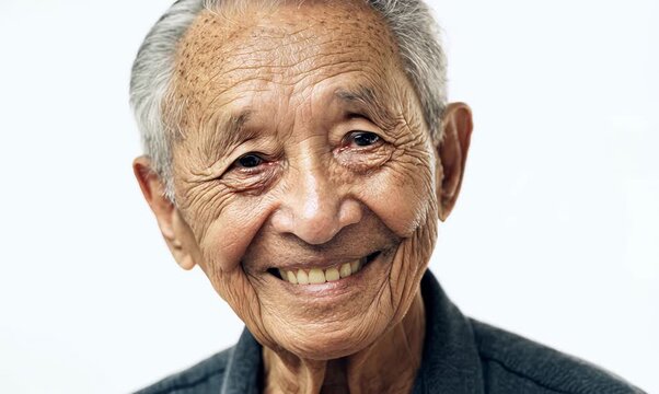 Medium shot portrait video of a Vietnamese man in his 80s against a white background