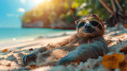 Sloth in Sunglasses on Tropical Beach