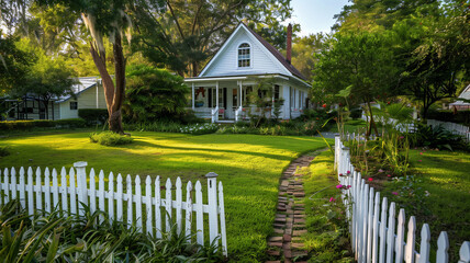 Fototapeta premium house with a white picket fence and a lush green lawn,