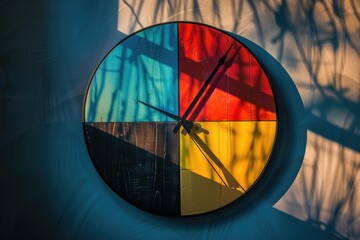 A colorful clock on a wall with a shadow cast by its design