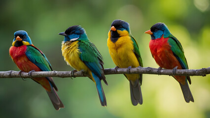 A group of colorful birds are perched on a branch