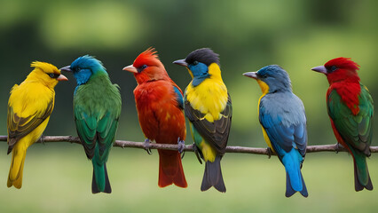 Naklejka premium A group of colorful birds are perched on a branch