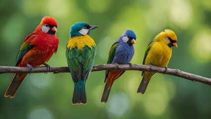 A group of colorful birds are perched on a branch