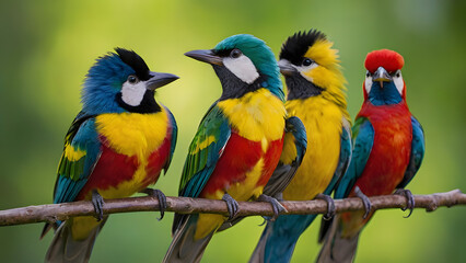 A group of colorful birds are perched on a branch