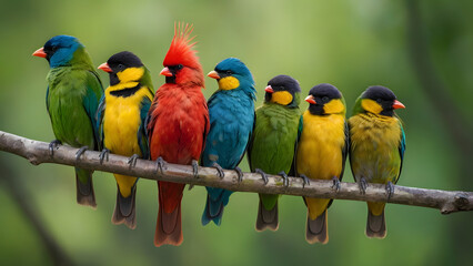 Fototapeta premium A group of colorful birds are perched on a branch