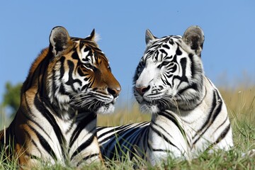 A Bengal Tiger and a White Tiger Resting in Tall Grass