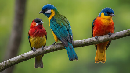 A group of colorful birds are perched on a branch