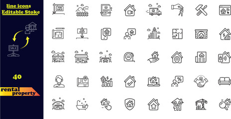 Set of 40 outline icons related to rental property. Linear icon collection.