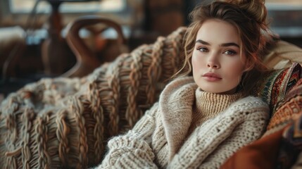 Cozy beauty young woman relaxing by the fireplace in a comfortable sweater