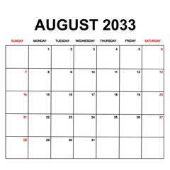 Calendar with holydays or red dates. monthly august august 2033. calendar design with week starts on sunday. printable, simple, and clean vector design isolated on white background.