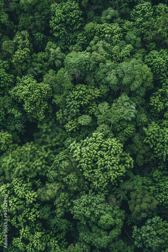 Poster aerial view of dense green foliage with trees and undergrowth, suitable for environmental or nature 