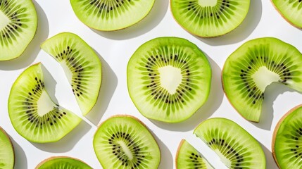 Fototapeta premium A close-up of kiwi slices arranged in a fan pattern, highlighting the detailed texture and fresh green color. Isolated on a white backdrop