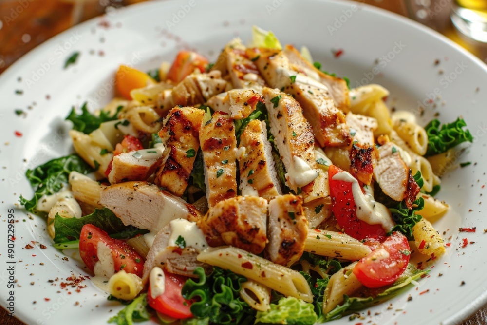 Poster A white plate filled with pasta and chicken