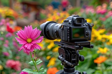 A DSLR Camera Focused on a Pink Flower in a Garden