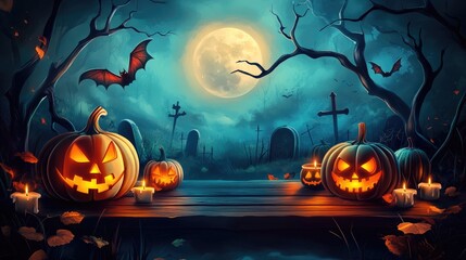 Fototapeta premium Halloween pumpkin head jack lantern with burning candles, Spooky Forest with a full moon and wooden table, Pumpkins In Graveyard In The Spooky Night - Halloween Backdrop