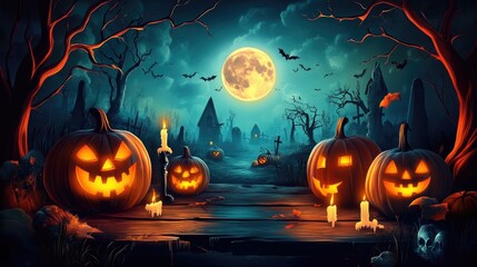 Fototapeta premium Halloween pumpkin head jack lantern with burning candles, Spooky Forest with a full moon and wooden table, Pumpkins In Graveyard In The Spooky Night - Halloween Backdrop