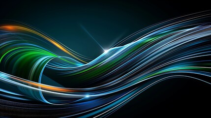 Realistic images with full HD resolution Highway 3D abstract with deep blue and bright green gradients, dynamic curves, and orange highlights, more clarity with clear light and sharp focus, high