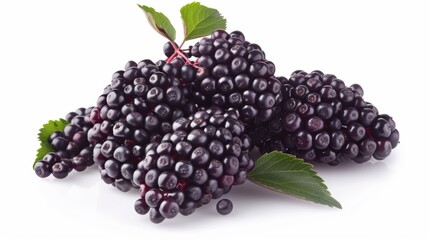 Fototapeta premium A collection of elderberry halves and slices, perfectly isolated on a white background. Focus on the natural texture and rich, dark tones