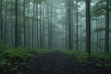 Obraz premium A Misty Forest Path Leading Through Tall Trees