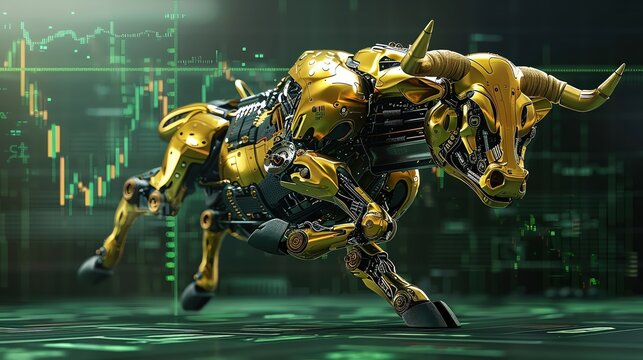 A ferocious golden bull AI robot was running towards me, on green stock market background, vibrant blend, copy space for text , realistic photo high detailed