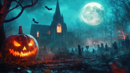 Pumpkin zombie Rising Out Of A Graveyard cemetery and church In Spooky scary dark Night full moon bats on tree. Holiday event halloween banner background concept