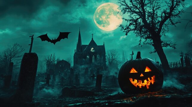 Pumpkin zombie Rising Out Of A Graveyard cemetery and church In Spooky scary dark Night full moon bats on tree. Holiday event halloween banner background concept