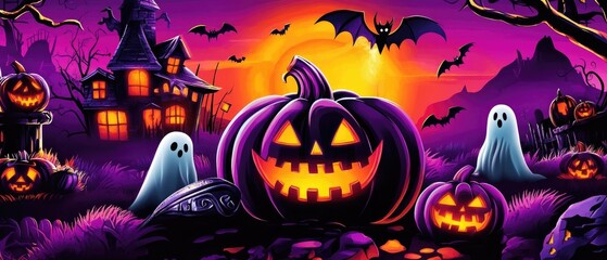 halloween themed cartoon background with pumpkins, creepy ghosts, and witches, in the style of dark pink and orange