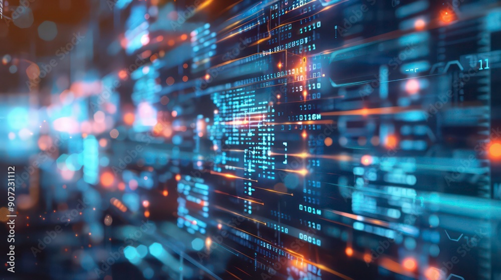 Aufkleber a digital illustration featuring abstract patterns of data streams and code, with bokeh lights creat