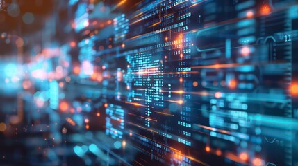 A digital illustration featuring abstract patterns of data streams and code, with bokeh lights creating a futuristic atmosphere.