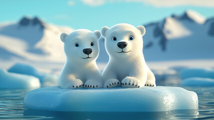 two cute white polar bear cubs sitting on an ice floe in the arctic ocean