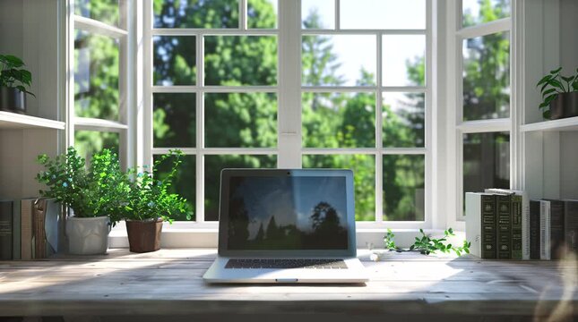 Laptop placed by a window on a sunny day, providing a bright and energizing workspace with a view of the outdoors.
  Seamless looping 4k time-lapse virtual video animation Generated AI