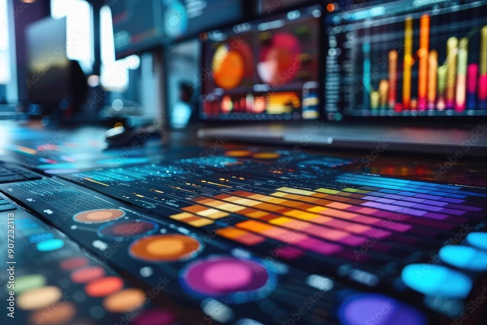 Poster close-up of a digital interface with colorful charts and buttons