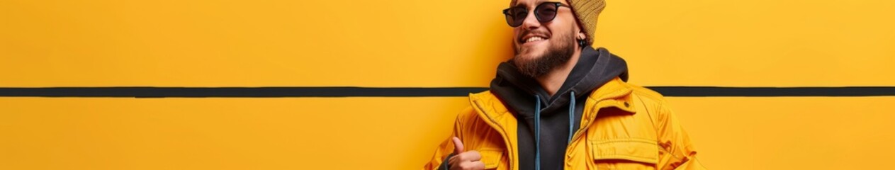 Obraz premium Youthful Joy in Tech: A Portrait of a Happy Young Man in Casual Hoodie Giving a Thumbs Up in a Simulated Workspace, Isolated on a Vibrant Yellow-Orange Background.