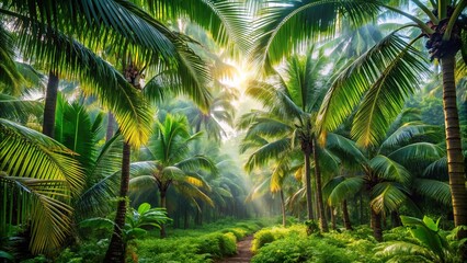 Obraz premium Exotic tropical forest with lush palm leaves, palm trees, and wild plants , jungle, green, tropical, nature, panorama