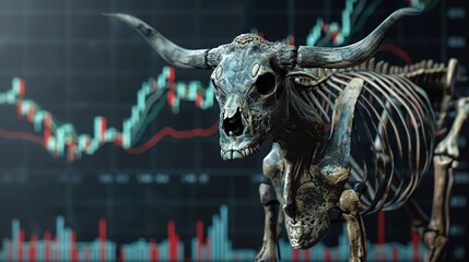 Obraz premium Old bull skeleton with black eyes, on dark stock market background, vibrant blend, copy space for text , realistic photo high detailed