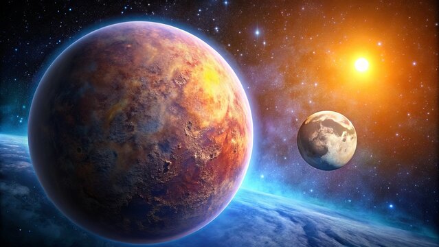 Distant extrasolar planet with a colorful atmosphere and a large moon , exoplanet, space